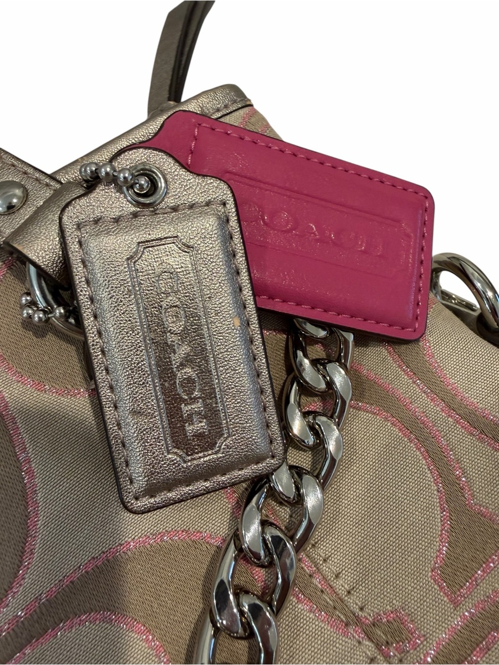 Coach Pink Metallic Outline Signature Mia Tote Daisy + Strap & Chains - Picture 3 of 10